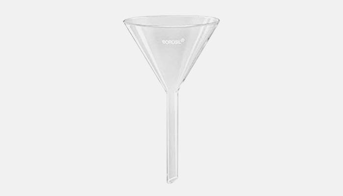 Funnels may be used to separate solids from liquids, liquids from liquids and occasionally for pouring something into a container. BOROSIL® brand funnels are available in a comprehensive range for a variety of such applications. Sintered glass funnels are also available. Separating funnels come in globe and pear shapes with solid ground glass, PTFE and BOROFLO stopcocks and interchangeable solid glass stoppers. These funnels are made from specially moulded blanks. Stopcock bores, body openings and stems are carefully aligned to provide smooth, even liquid flow with fast cut-off. The sturdy design of BOROSIL® brand funnels make them excellent for rack work.