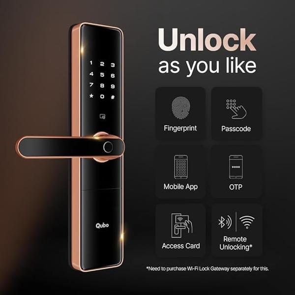 Special Feature	Fingerprint Unlock, Easy to Install, FingerprintLock Type	Biometric5- WAY UNLOCKING: Unlock using Fingerprint, Passcode, Bluetooth Mobile APP, RFID Access card or Emergency keys.Two-Layer Authentication: Add Double Security that requires a combination of 2 access methods to unlock your door. MATERIAL: Aluminium alloy body, Finish: Premium Mirror Finish, Color: BlackBattery: The lock has 8 AA battery slots and minimum 4 batteries are required for product usage. It lasts 6-8 months with 8 AA batteries.