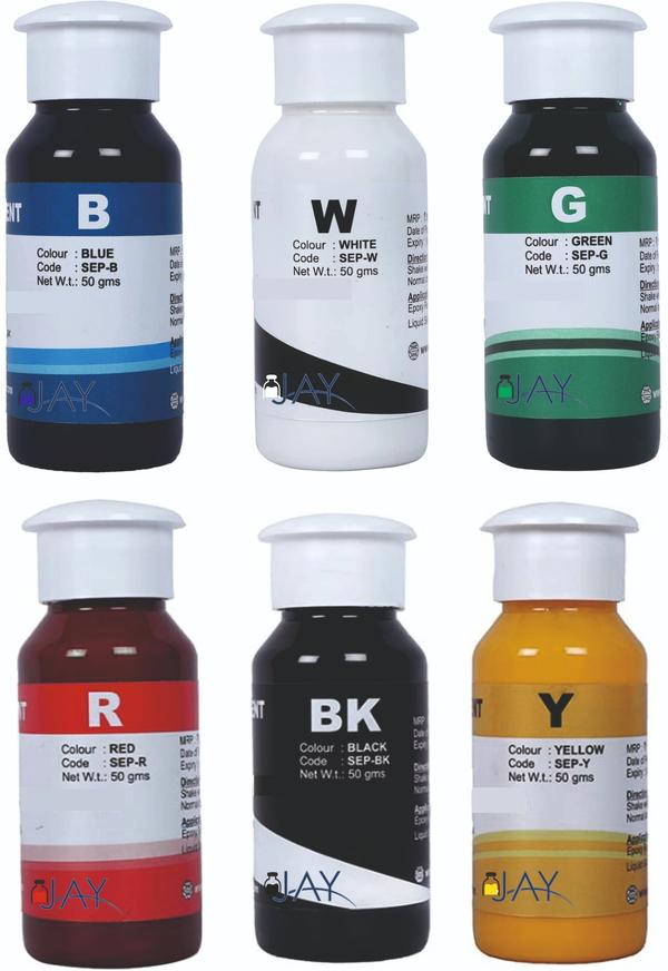 COLOUR PIGMENT IS LIQUID STATE USED FOR MIXING IN LIQUID SILICONE RUBBER IND RESINS, AND 50ML CAN MIX UP TO 5LTR