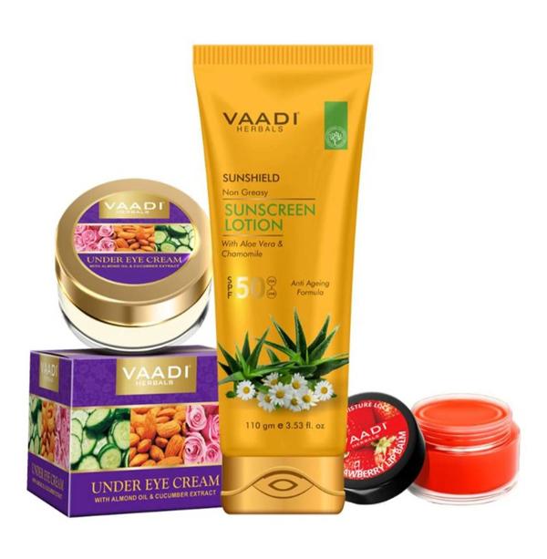 Vaadi Herbals Under Eye Cream - Almond Oil & Cucumber Extract: A super-rich formula for your under-eye skin; its regular use keeps your eyes and the surrounding skin looking young & lively. The age-old goodness of Cucumber, Almonds & Pink Rose, works from within to lighten the dark skin (circles) under the eyes, and to reduce puffiness. Their anti-oxidant content smoothes wrinkles, reducing years off your eyes.Vaadi Herbals Lip Balm - Strawberry: Moisturises Dry & Cracked Lips.Vaadi Herbals Sunshield Non-Greasy SunscreenLotion With Aloe Vera & Chamomile SPF 50: This innovative formulation using Aloe Vera is an excellent sun shield that is non greasy and long lasting. Its components being natural sunscreens protect the skin from harmful UV rays and act as a safeguard from sun burns. This lotion also soothes burnt skin and rashes due to over exposure to the sun; revealing a rejuvenated and healthier skin.