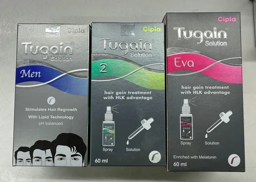 Strength	5% w/vPackaging Size	60 mlBrand	Tugain SolutionManufacturer	Cipla LtdComposition	MinoxidilTugain  Solution belongs to a class of drugs known as vasodilators. It is used to promote hair growth in men with male pattern baldness.