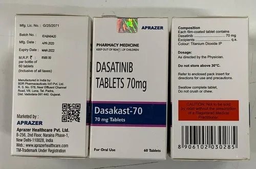 Strength	70 mgPackaging Size	60's tabletsBrand	DasakastComposition	DasatinibManufacturer	AprazerTreatment	Blood cancer (Chronic myeloid leukaemia)Prescription/Non prescription	PrescriptionForm	TabletDasakast 70 mg Tablet is used in the treatment of blood cancer (chronic myeloid leukaemia). It is used in patients whose disease could not be treated with other medications for leukaemia or who cannot take these medications because of side effects.