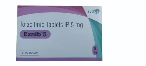 Strength 5 mg
Brand Exnib
Manufacturer Zydus
Packaging Size 1*15 Tablets
Packaging Type Strips
Composition Tofacitinib 5mg
Shelf Life 24 Months
Tofacitinib Tablet is used to treat moderate to severe rheumatoid arthritis, psoriatic arthritis, ankylosing spondylitis, and ulcerative colitis. It helps decrease pain, tenderness, and swelling in the joints by reducing inflammation. It also helps slow the progression of bone and joint damage.