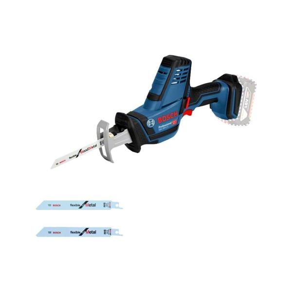 GSA 18V-Li Compact SOLOGSA 18V-LI C PROFESSIONAL CORDLESS RECIPROCATING SAWOrder Number: 0 601 6A5 080INCLUDED IN THIS VARIANT:- Inlay for L-BOXX 136- 1 x reciprocating saw blade S 922 HF, Flexible for Wood + Metal (available separately as set of 2: 2 608 656 039)- Cardboard box- 1 x reciprocating saw blade S 922 AF, Flexible for Metal (available separately as set of 2: 2 608 656 036)- 1 x reciprocating saw blade S 922 EF, Flexible for Metal (available separately as set of 2: 2 608 656 038) FUNCTIONS & KEY FEATURES:- No additional tools are required for configuring the tool, allowing for user-friendly operation. - Easy and precise control of the RPM thanks to Variable Speed.- Compact powerhouse with vibration levels ensures comfortable use and brushless motors.- Compact design for versatile – also one-handed – and overhead use-- A fast sawing rate and long runtime thanks to powerful motor and high-endurance batteries- Bosch Heavy Duty Power, Performance and Robustness Redefined!TECHNICAL SPECIFICATIONS: ADDITIONAL DATA- Battery voltage : 18.0 V- Cutting depth in wood : 200 mm- Stroke lengths : 21 mm- Cutting depth in metal profiles and metal pipes : 100 mm- Weight excl. Battery : 2 Kg.- Stroke rate (1st gear / 2nd gear) : 0 - 3, 050 spmTOTAL VIBRATION VALUES (SAWING WOOD):- Vibration emission value ah : 8 m/s²- Uncertainty K : 1.5 m/s²NOISE / VIBRATION INFORMATION:- Sound pressure level : 82 dB(A)- Sound power level : 93 dB(A)- Uncertainty K : 5 dBSAWING WOOD:- Vibration emission value ah : 8 m/s²- Uncertainty K : 1.5 m/s²The A-rated noise level of the power tool is typically as follows: Sound pressure level 82 dB(A); Sound power level 93 dB(A). Uncertainty K= 5 dB.