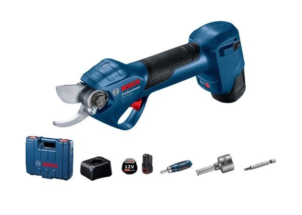 Pro Pruner ProfessionalOrder Number: 0 601 9K1 0F1 INCLUDED IN THIS VARIANT: - 1 x Battery GBA 12V 2.0Ah (Order number: 1 600 A00 F6X)- 1 x Charger GAL 12V-20 ProfessionalPRODUCT HIGHLIGHTS:Experience a new level of efficiency. This cordless Pro Pruner gets fruit trees professionally pruned in a flash. Profit from less exertion and fast results: compared to manual secateurs, the Pro Pruner can be smoothly operated with notably less effort thanks to its 12V high-efficiency brushless motor. The pruner´s powerful Li-ion battery system enables up to 4,500 cuts* per charge, ensuring long runtimes and lasting performance. With anti-rusting corrosion and highly durable blades, it also offers a long service life of more than 500,000 cuts*. *The test data is from the Bosch Power Tools Asia Pacific R Laboratory.FUNCTIONS & KEY FEATURES:- Less effort, more efficiency: enjoy electric pruning with the Bosch Pro Pruner- Brushless Motor- Faster results – electric pruning at a new level of efficiency- Ideal choice for pruning fruit trees- Smooth pruning with notably less effort compared to manual secateurs- Powerful Li-ion battery system lasts up to 4,500 cuts per charge with charge indicator (Tested by the Bosch Power Tools Asia Pacific R&D Laboratory)- Anti-rusting corrosion and highly durable blades enable a long service lifetimeTECHNICAL SPECIFICATIONS:ADDITIONAL DATA- Max. Cutting capacity in wood (Tree Branch): 25 mm- Battery Voltage: 12.0 V- Weight excl. Battery: 0.83 Kg- Battery type: Lithium-Ion- Battery capacity: 2 Ah- Weight incl. Battery: 1 Kg