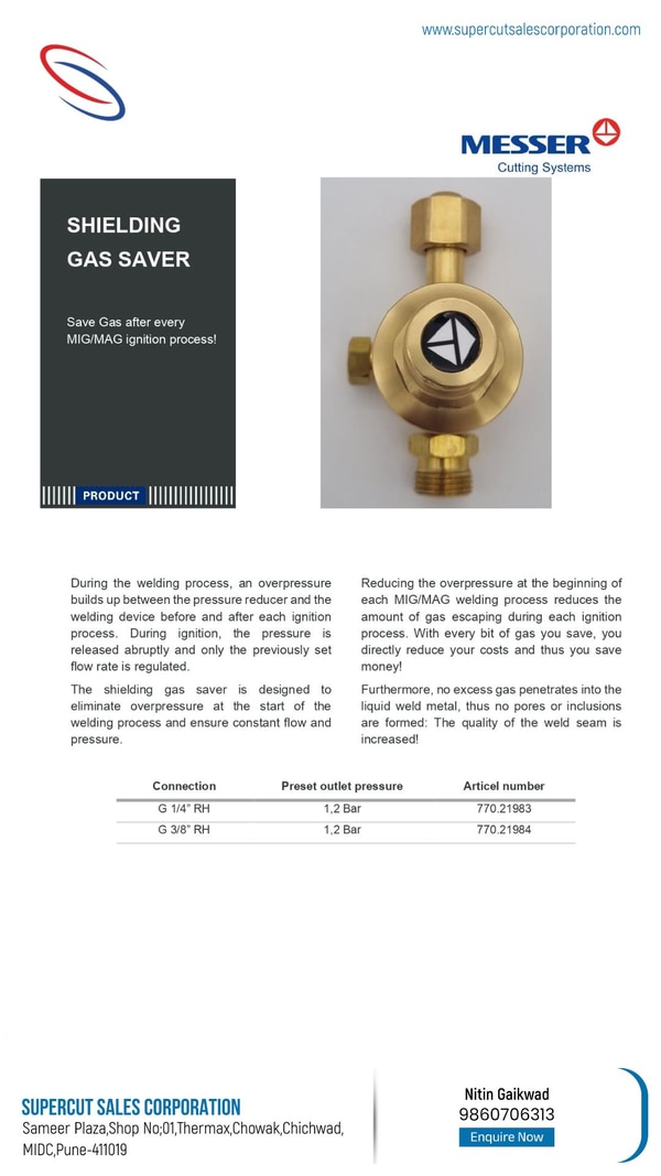 During the welding process, an overpressure builds up between the pressure reducer and the welding device before and after each ignition process. During ignition, the pressure is released abruptly and only the previously set flow rate is regulated.The shielding gas saver is designed to eliminate overpressure at the start of the welding process and ensure constant flow and pressure.Reducing the overpressure at the beginning of each MIG/MAG welding process reduces the amount of gas escaping during each ignition process. With every bit of gas you save, you directly reduce your costs and thus you save money!Furthermore, no excess gas penetrates into the liquid weld metal, thus no pores or inclusions are formed: The quality of the weld seam is increased!