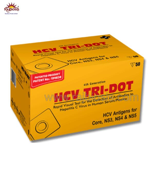 FEATURES:Based on “Flow Through Technology”, which is similar to Elisa technology because of involvement of washing steps at various levels to enhance the specificity.Use of highly purified HCV antigens for Core, NS3, NS4, NS5 immobilized on the device.Detection of all the subtypes of HCV.Results within 3 minutes.In built quality control dot which validates the test.100% Sensitivity & 98.9% Specificity as per WHO evaluation.Shelf life : 15 months at 2-8°CUSES:The 4th Generation HCV TRI-DOT is a rapid, visual, sensitive and qualitative in vitro diagnostic test for the detection of antibodies to Hepatitis C virus in human serum or plasma.It has been developed and designed with increased sensitivity for core and NS3 antibodies using a unique combination of modified HCV antigen.