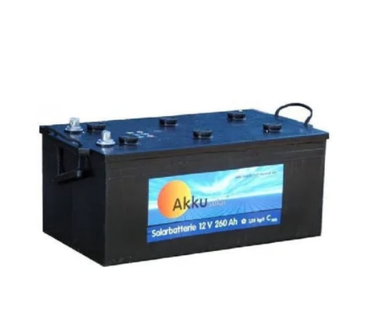 Capacity	                       260 AhBattery Type	               Solar BatteryOutput Type	               SingleMaterial                        Lead  AcidBrand	                      AKKUVoltage	                      12 VEnriched by our vast industrial experience in this business, we are involved in offering an enormous quality range of 12 Volt Solar Battery.