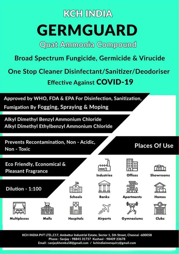 One step cleaner, disinfectant, deodorizer and fungicide.
Controls broad spectrum of both gram positive and gram negative bacteria.
Highly concentrated for economical cleaning. Can be diluted with up to 64 parts of water.
Has a fresh lemon fragrance unlike the conventional medicinal odours.
Effective against the pathogenic fungus causing athlete’s foot disease.
Can be used on any water safe surface.
Dilution: 1. For General disinfection of already cleaned floors with light soils: 1:60 parts of water (contact time – 10 Min)

  2. For cleaning and disinfection: 1: 30 parts of water.

Application Area: Hospitals, Hotels, Movie Theatres, Laboratories etc.