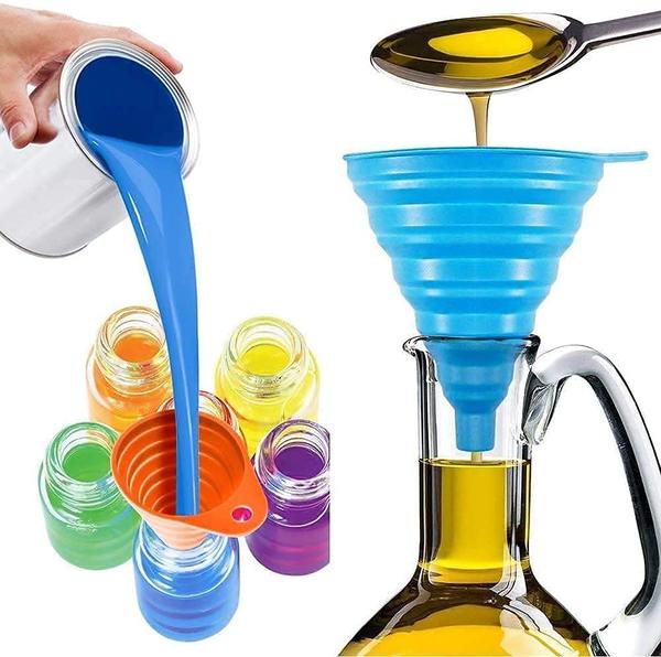 Kitchen Silicone Collapsible/Foldable FunnelThis Silicon Funnel is a great addition to your kitchen tools and gadgets. Made from durable, long-lasting food-grade silicon, this funnel is ideal for transferring both liquid and dry ingredients from one container to another. Other than oils, it can be used to transfer ingredients like sugar, tea, etc. The funnel is Heat Resistant (230 Degree Celsius) and Cold Resistant (-30 Degree Celsius).Its collapsible design is great for storage. Pull into shape for using and collapse it for easy and convenient storage in small spaces like drawers. This funnel is top rack dishwasher safe.?? Food Grade Silicone Funnelbrings to you these food grade silicone funnels for kitchens. The silicone material helps to transfer liquids and fluids in a smooth manner.?? UsabilityThe design and the material of the funnel make it ideal for transferring liquids. A simple yet helpful tool, its narrow spout ensures that the funnel fits inside almost all bottles for easy transferring of liquids thus making your life in the kitchen a lot easier and hassle-free.?? Easy to Store and CleanThe silicone material makes the funnels very easy to clean. Additionally, the funnels feature an extended flap with a hole in it which makes it easy to store the funnels by hanging them from a convenient spot.