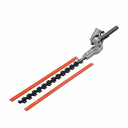 High‑strength 65 manganese steel + aluminum alloy material, durable and wear‑resistant. It is used for pruning hedges, shrubs and bush, and pruning twigs. This hedge trimmer features a two-way safety switch to prevent accidental dangerous operation. With an aluminium shaft for strength and lightweight and a reach of over two meters, and an adjustable angle cutting head the big hedges will get a flat top and square sides like it has been to the barbers. Compatible with 26mm 28mm diameter tube/rod/shaft, with 9‑tooth spline on inner shaft. It is easy to install, Check whether the product hole diameter size matches your own machine hole diameter;Remove the hedge head of the old machine and install the hedge head accessories of applicable specifications.Double blade design, incisive, fast cutting, suitable for gardening and pruning.A dual-blade trimmer will actually increase the efficiency of your blades, making the machine much easier to use.The movement of the blades also helps to reduce the chances of jams and snags occurring during cutting.9 gear box, used for 9‑tooth drive shaft, easy installation, long‑term use.Blade: Length: Approx. 40.5cm / 15.9in;Hole Diameter: Approx. 26mm /28mm;Inner Shaft: 9 Teeth Round Hole