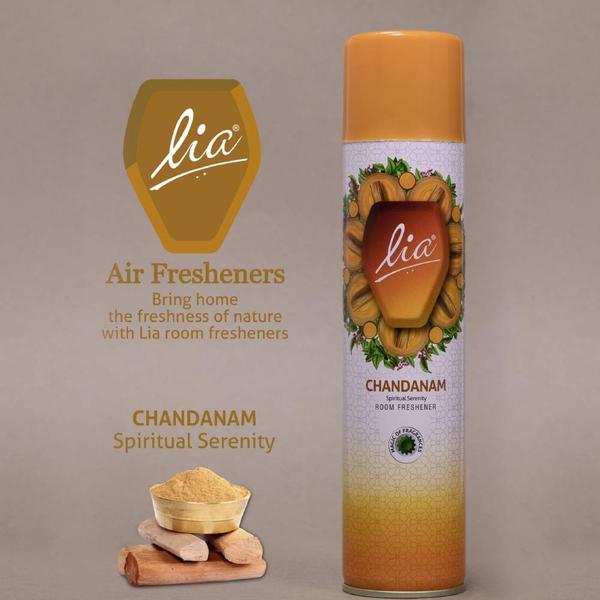 Make your home an abode of calm and joy with Lia Air Fresheners. These long-lasting cans invigorate your living spaces by eliminating odour thoroughly and infusing them with an enticing freshness. Home is where the heart is, and why not if it smells so refreshing. Lia Air Fresheners come in a consumer-friendly spray-through cap for ease and safety. Get the confidence of knowing that your home is always welcoming and pleasurable for family and unexpected guests. It is available in fragrances like Rose, Jas, Lavender, Chandanam, Lemon Burst, Sea Shore.- Room Freshener with the luxurious fragrance of sandalwood to keep your living spaces fresh and sweet-smelling- Fragrance: Woody, Rich, Sandal- Delivers 500 sprays of 2-3 secs each- Long-lasting, refreshing fragrance- Made for All Living Spaces (air-conditioned/temperature controlled room, Smoking area, Bedroom, Lobby, Reception Areas, Hotel lounge, Waiting Rooms, Store rooms, godowns, gyms, factories, clinics, studios)How to Use:1. It can be used in Kitchen, Bathroom, Room, Pet area, Smoker's area, Car interior, Hospital, clinic, School, Lobby, Hotel, Store room, Factory, Gym etc.2. Close all the windows and doors of the room.3. Shake well before use.