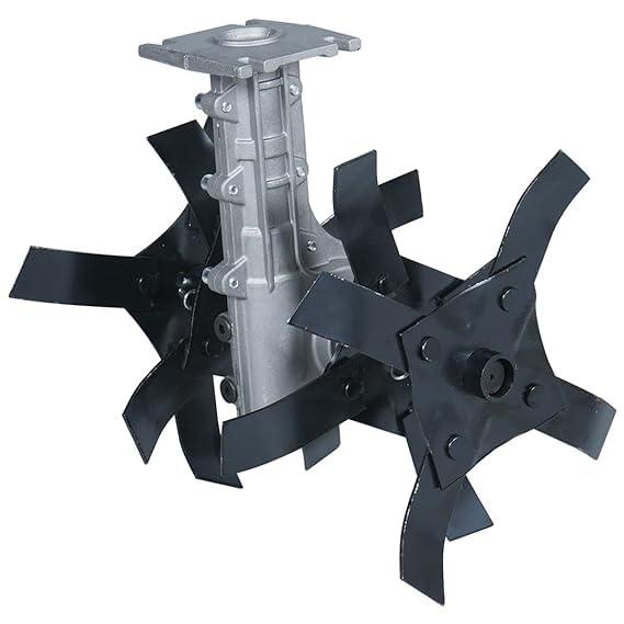 Sadaiv Nipun Tiller Attachment for Brush Cutter (Set of 1) Carbon Steel Tines Suitable for 28 MM Silver Tiller Attachment For Brush Cutter 28 MM Silver Tiller Attachment Amazing, heavy build material for long and tough weeding and tilling needs * suitable for brush cutter rod 28mm dia and 9 teeth inner shaft * flat type model with heavy blades for deeper tilling depth