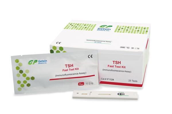 TSH Fast Test Kit (Immunofluorescence Assay):-Getein TSH Fast Test Kit is used in the screening, clinical diagnosis, prognosis and therapeutic effect evaluation of thyroid diseases.About TSHTSH is the main regulator of thyroid cell growth thyroid hormone synthesis and secretion. TSH (MW 30 kDa) is synthesized and secreted by tsh cells of pituitary gland, it has negative feedback to the synthesis and secretion process. The fluctuation of TSH is faster and more significant than thyroid hormones when thyroid function was changed, it is a sensitive biomarker of hypothalamic-pituitary-thyroid function.Applicable DeviceGetein1100 Immunofluorescence Quantitative AnalyzerGetein1180 Immunofluorescence Quantitative AnalyzerGetein1600 Immunofluorescence Quantitative Analyzer