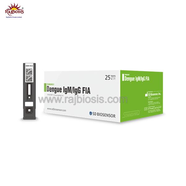 STANDARD F Dengue IgM/IgG FIA qualitatively analyzes Dengue virus specific IgM and IgG antibodies in serum, plasma and whole blood using fluorescent immunoassay. Screening test results can be obtained within 15 minutes with high sensitivity and specificity.AdvantageAble to perform qualitative analysis with high sensitivity and specificity by using fluorescent substanceObjective result - Eliminates the subjectivity of a visual resultAutomatic strip recognition by reading the information stored in 2D barcode
