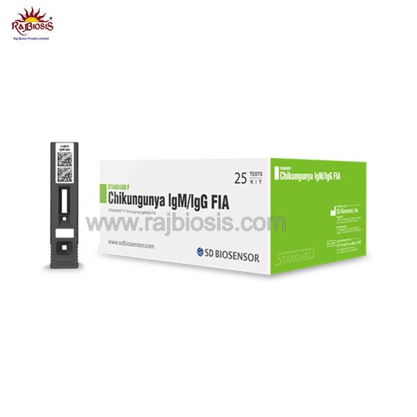STANDARD F Chikungunya IgM/IgG FIA qualitatively analyzes Chikungunya virus specific IgM and IgG antibodies in serum, plasma and whole blood using fluorescent immunoassay. Screening test results can be obtained within 15 minutes with high sensitivity and specificity.AdvantageAble to perform qualitative analysis with high sensitivity and specificity by using fluorescent substanceObjective result - Eliminates the subjectivity of a visual resultAutomatic strip recognition by reading the information stored in 2D barcodeSpecificationSpecimen Whole blood, Serum, PlasmaTest time 15 minsSpecimen volume 10 μlSensitivity 97.2% (35/36)Specificity 98.9% (178/180)Storage temperature 2-30℃ / 36-86℉