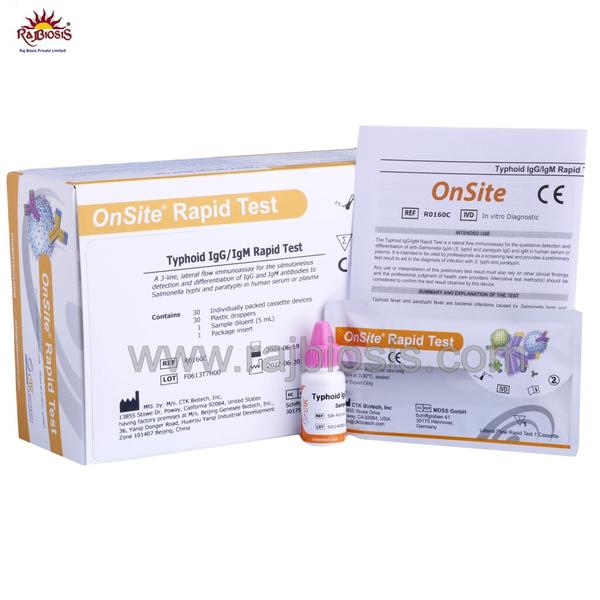 The OnSite Typhoid IgG/IgM2.0 Rapid Test is a lateral flow immunoassay for the qualitative detection and differentiation of IgG and IgM anti-Salmonella typhi (S. typhi) and paratyphi in human serum or plasma.Utilizes O antigen and H antigen from both Typhi and Paratyphi serovars to maximize sensitivityDifferentiates between IgG and IgM to determine stage of infectionOne step procedure minimizes operator error due to sample preparationTest result within 15 minutes allows medical professionals to take immediate actionHigh level of reproducibilityTest kits can be used and stored in a wide range of temperaturesEach Kit Contains:Individually sealed foil pouches containing:One cassette device.One desiccantPlastic droppersSample Diluent (1 bottle, 5 mL)One package insert (instruction for use)