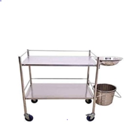 Dressing Trolley:-Stainless Steel With Bowl & Bucket. Specifications:- overall approx. Dimensions :- 1030mm Lx457mmWx850mm H. Platform Approx Dimensions 630mm L X 450mm W x 790mm H Stainless Steel Tubular Frame Work. Two SS Shelves with Two Side Railings on top shelf. Four Heavy Duty Castors 100mm dia. Two With Brake. #BestDressingTrolleyinpcmc#No1DressingTrolleyinpcmc