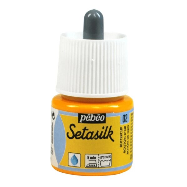 Pebeo Setasilk Silk Paint Colours – 45MLPebeo’s Setasilk are bright and intense heat-fixable, transparent colours ideal for silk painting on all types of silk like twill, pongé, crêpe de Chine, crêpe georgette and damask silk. Setasilk colours suit all silk painting techniques such as tie-dye, outlines, salt sprinkling technique, watercolour, sun technique, wax batik and mahaju technique. They retain the silk’s flexibility and offer a palette of rich, refined tones and great brightness. These colours are fluid and fuse onto silk. These ready to use colours are extremely intermixable. After applying colour, do not hesitate to go (paint) over the wet paint where the colour is non-uniform / lighter.The Setasilk range includes 29 colours in 45 ml bottles with spout & 250 ml bottles and 6 Water based Gutta outliners in 20 ml tubes. All Setasilk colours can be lightened / diluted using the Setasilk lightener. They can also be diluted / thinned using water.Squirrel brushes are ideal for silk painting as they are soft and thin, and have a high retention capacity. Princeton’s Neptune range brushes and Escoda’s Ultimo range brushes, made with synthetic fibres, are soft and resilient and can match the performance of sable brushes at a better price. For backgrounds and solids, foam brushes are the most practical.Clean the brushes with soap and water before and after use. Before being worked, silk must be either stretched on a frame or placed on a fleece and fixed with an adhesive. This solution is more convenient for media such as neckties. Some silks require washing before use to remove the primer. Wait until the colours are dry before fixing them. For fixing the paint onto the silk, set the knob of the iron to the cotton setting without steam and iron the silk on the reverse side for 5 minutes. 48 hours after fixing, the decorated piece can be washed by hand and machine (delicate setting).