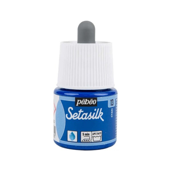 Pebeo Setasilk Silk Paint Colours – 45MLPebeo’s Setasilk are bright and intense heat-fixable, transparent colours ideal for silk painting on all types of silk like twill, pongé, crêpe de Chine, crêpe georgette and damask silk. Setasilk colours suit all silk painting techniques such as tie-dye, outlines, salt sprinkling technique, watercolour, sun technique, wax batik and mahaju technique. They retain the silk’s flexibility and offer a palette of rich, refined tones and great brightness. These colours are fluid and fuse onto silk. These ready to use colours are extremely intermixable. After applying colour, do not hesitate to go (paint) over the wet paint where the colour is non-uniform / lighter.The Setasilk range includes 29 colours in 45 ml bottles with spout & 250 ml bottles and 6 Water based Gutta outliners in 20 ml tubes. All Setasilk colours can be lightened / diluted using the Setasilk lightener. They can also be diluted / thinned using water.Squirrel brushes are ideal for silk painting as they are soft and thin, and have a high retention capacity. Princeton’s Neptune range brushes and Escoda’s Ultimo range brushes, made with synthetic fibres, are soft and resilient and can match the performance of sable brushes at a better price. For backgrounds and solids, foam brushes are the most practical.Clean the brushes with soap and water before and after use. Before being worked, silk must be either stretched on a frame or placed on a fleece and fixed with an adhesive. This solution is more convenient for media such as neckties. Some silks require washing before use to remove the primer. Wait until the colours are dry before fixing them. For fixing the paint onto the silk, set the knob of the iron to the cotton setting without steam and iron the silk on the reverse side for 5 minutes. 48 hours after fixing, the decorated piece can be washed by hand and machine (delicate setting).
