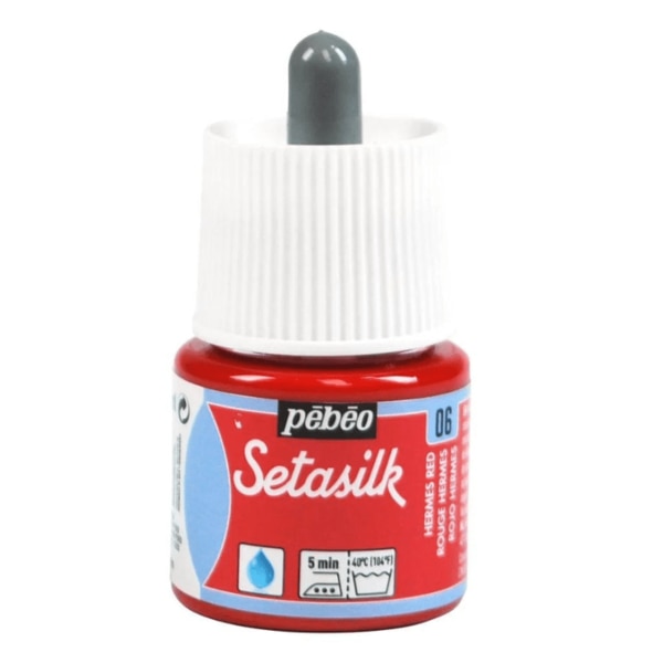 Pebeo Setasilk Silk Paint Colours – 45MLPebeo’s Setasilk are bright and intense heat-fixable, transparent colours ideal for silk painting on all types of silk like twill, pongé, crêpe de Chine, crêpe georgette and damask silk. Setasilk colours suit all silk painting techniques such as tie-dye, outlines, salt sprinkling technique, watercolour, sun technique, wax batik and mahaju technique. They retain the silk’s flexibility and offer a palette of rich, refined tones and great brightness. These colours are fluid and fuse onto silk. These ready to use colours are extremely intermixable. After applying colour, do not hesitate to go (paint) over the wet paint where the colour is non-uniform / lighter.The Setasilk range includes 29 colours in 45 ml bottles with spout & 250 ml bottles and 6 Water based Gutta outliners in 20 ml tubes. All Setasilk colours can be lightened / diluted using the Setasilk lightener. They can also be diluted / thinned using water.Squirrel brushes are ideal for silk painting as they are soft and thin, and have a high retention capacity. Princeton’s Neptune range brushes and Escoda’s Ultimo range brushes, made with synthetic fibres, are soft and resilient and can match the performance of sable brushes at a better price. For backgrounds and solids, foam brushes are the most practical.Clean the brushes with soap and water before and after use. Before being worked, silk must be either stretched on a frame or placed on a fleece and fixed with an adhesive. This solution is more convenient for media such as neckties. Some silks require washing before use to remove the primer. Wait until the colours are dry before fixing them. For fixing the paint onto the silk, set the knob of the iron to the cotton setting without steam and iron the silk on the reverse side for 5 minutes. 48 hours after fixing, the decorated piece can be washed by hand and machine (delicate setting).
