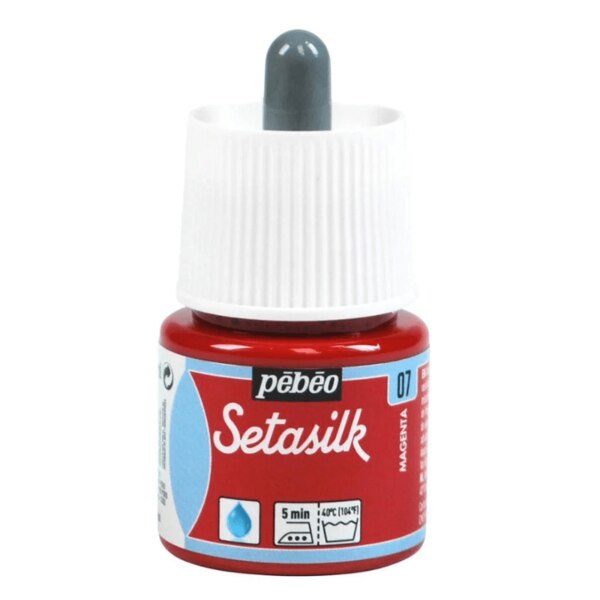 Pebeo Setasilk Silk Paint Colours – 45MLPebeo’s Setasilk are bright and intense heat-fixable, transparent colours ideal for silk painting on all types of silk like twill, pongé, crêpe de Chine, crêpe georgette and damask silk. Setasilk colours suit all silk painting techniques such as tie-dye, outlines, salt sprinkling technique, watercolour, sun technique, wax batik and mahaju technique. They retain the silk’s flexibility and offer a palette of rich, refined tones and great brightness. These colours are fluid and fuse onto silk. These ready to use colours are extremely intermixable. After applying colour, do not hesitate to go (paint) over the wet paint where the colour is non-uniform / lighter.The Setasilk range includes 29 colours in 45 ml bottles with spout & 250 ml bottles and 6 Water based Gutta outliners in 20 ml tubes. All Setasilk colours can be lightened / diluted using the Setasilk lightener. They can also be diluted / thinned using water.Squirrel brushes are ideal for silk painting as they are soft and thin, and have a high retention capacity. Princeton’s Neptune range brushes and Escoda’s Ultimo range brushes, made with synthetic fibres, are soft and resilient and can match the performance of sable brushes at a better price. For backgrounds and solids, foam brushes are the most practical.Clean the brushes with soap and water before and after use. Before being worked, silk must be either stretched on a frame or placed on a fleece and fixed with an adhesive. This solution is more convenient for media such as neckties. Some silks require washing before use to remove the primer. Wait until the colours are dry before fixing them. For fixing the paint onto the silk, set the knob of the iron to the cotton setting without steam and iron the silk on the reverse side for 5 minutes. 48 hours after fixing, the decorated piece can be washed by hand and machine (delicate setting).