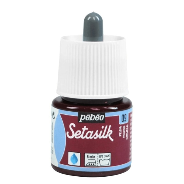 Pebeo Setasilk Silk Paint Colours – 45MLPebeo’s Setasilk are bright and intense heat-fixable, transparent colours ideal for silk painting on all types of silk like twill, pongé, crêpe de Chine, crêpe georgette and damask silk. Setasilk colours suit all silk painting techniques such as tie-dye, outlines, salt sprinkling technique, watercolour, sun technique, wax batik and mahaju technique. They retain the silk’s flexibility and offer a palette of rich, refined tones and great brightness. These colours are fluid and fuse onto silk. These ready to use colours are extremely intermixable. After applying colour, do not hesitate to go (paint) over the wet paint where the colour is non-uniform / lighter.The Setasilk range includes 29 colours in 45 ml bottles with spout & 250 ml bottles and 6 Water based Gutta outliners in 20 ml tubes. All Setasilk colours can be lightened / diluted using the Setasilk lightener. They can also be diluted / thinned using water.Squirrel brushes are ideal for silk painting as they are soft and thin, and have a high retention capacity. Princeton’s Neptune range brushes and Escoda’s Ultimo range brushes, made with synthetic fibres, are soft and resilient and can match the performance of sable brushes at a better price. For backgrounds and solids, foam brushes are the most practical.Clean the brushes with soap and water before and after use. Before being worked, silk must be either stretched on a frame or placed on a fleece and fixed with an adhesive. This solution is more convenient for media such as neckties. Some silks require washing before use to remove the primer. Wait until the colours are dry before fixing them. For fixing the paint onto the silk, set the knob of the iron to the cotton setting without steam and iron the silk on the reverse side for 5 minutes. 48 hours after fixing, the decorated piece can be washed by hand and machine (delicate setting).