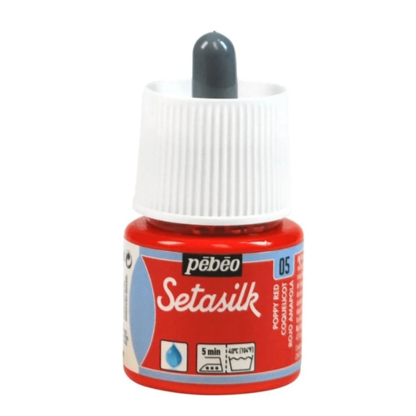 Pebeo Setasilk Silk Paint Colours – 45MLPebeo’s Setasilk are bright and intense heat-fixable, transparent colours ideal for silk painting on all types of silk like twill, pongé, crêpe de Chine, crêpe georgette and damask silk. Setasilk colours suit all silk painting techniques such as tie-dye, outlines, salt sprinkling technique, watercolour, sun technique, wax batik and mahaju technique. They retain the silk’s flexibility and offer a palette of rich, refined tones and great brightness. These colours are fluid and fuse onto silk. These ready to use colours are extremely intermixable. After applying colour, do not hesitate to go (paint) over the wet paint where the colour is non-uniform / lighter.The Setasilk range includes 29 colours in 45 ml bottles with spout & 250 ml bottles and 6 Water based Gutta outliners in 20 ml tubes. All Setasilk colours can be lightened / diluted using the Setasilk lightener. They can also be diluted / thinned using water.Squirrel brushes are ideal for silk painting as they are soft and thin, and have a high retention capacity. Princeton’s Neptune range brushes and Escoda’s Ultimo range brushes, made with synthetic fibres, are soft and resilient and can match the performance of sable brushes at a better price. For backgrounds and solids, foam brushes are the most practical.Clean the brushes with soap and water before and after use. Before being worked, silk must be either stretched on a frame or placed on a fleece and fixed with an adhesive. This solution is more convenient for media such as neckties. Some silks require washing before use to remove the primer. Wait until the colours are dry before fixing them. For fixing the paint onto the silk, set the knob of the iron to the cotton setting without steam and iron the silk on the reverse side for 5 minutes. 48 hours after fixing, the decorated piece can be washed by hand and machine (delicate setting).
