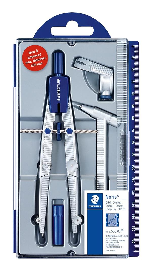 Quick-setting compass with centre wheelHinged lead and needle legsCompass attachment includedMax. circle diameter without extension bar 350 mmMax. circle diameter with extension bar 450 mmLength 156 mm