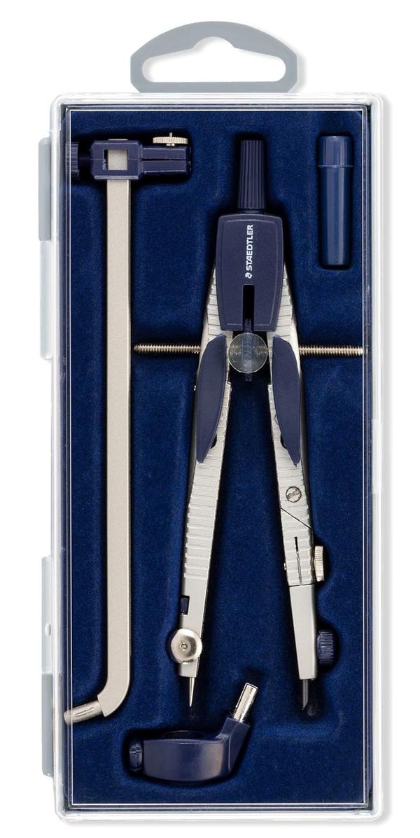 Quick-setting compass with push-button mechanism and centre wheelHinged lead and needle legsInterchangeable lead part with shank Ø 4 mmInterchangeable needleMax. circle Ø approx. 350 mm, with extension bar approx. 585 mmLength 170 mm