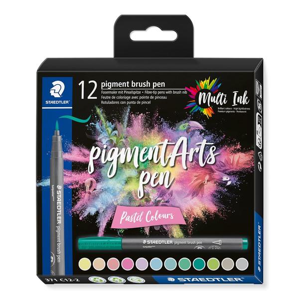 High-quality fibre-tip pen with a medium-firm brush nibNew Multi Ink technology with high-end pigments: combines colour brillance and extreme lightfastnessColor fidelity on a wide range of surfaces, even after long exposure to lightIdeal for brush lettering, drawings, illustrations, or coloringPack of 12 pigment brush pens in assorted pastel colors