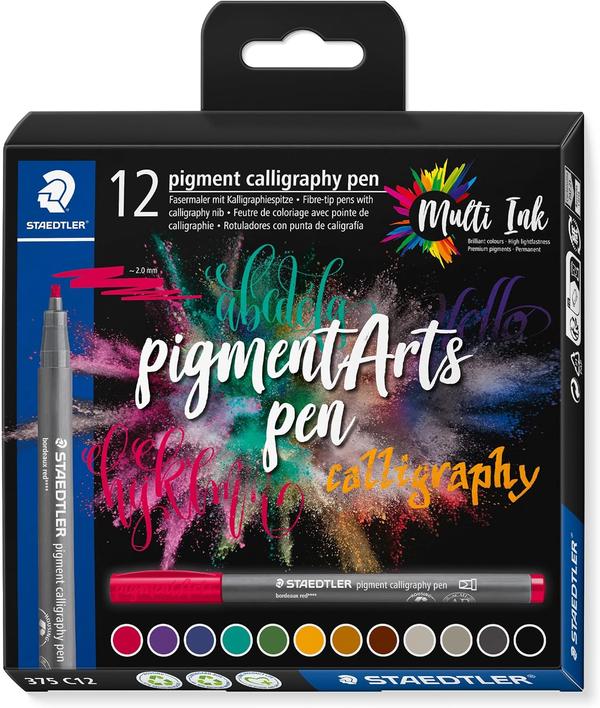 High-quality fibre-tip pen with a calligraphy nibNew Multi Ink technology with high-end pigments: combines colour brillance and extreme lightfastnessColour fidelity on a wide range of surfaces, even after long exposure to lightIdeal for artistic writing techniques such as calligraphy or letteringPack of 12 pigment calligraphy pens in assorted colours