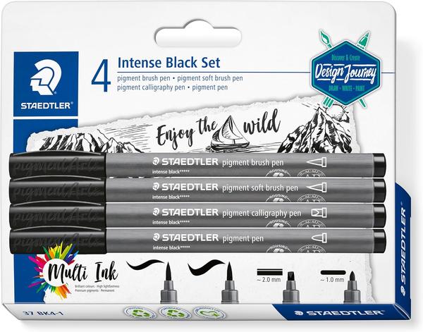 High-quality fibre-tip pen with assorted nib typesNew Multi Ink technology with high-end pigments: combines colour brillance and extreme lightfastnessColour fidelity on a wide range of surfaces, even after long exposure to lightIdeal for brush lettering, drawings, illustrations, or colouringPack of 4 pigment pens in intense black