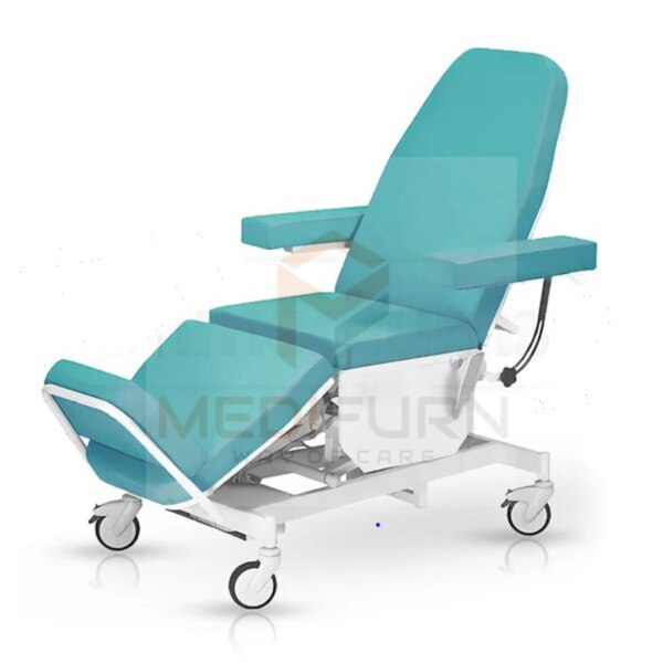 dialysis chair Buffer to Buffer 1980 mm x 700 mm
Mattress Platform 1895 mm x 630 mm
Backrest 0° - 75°
Max. Height (Incl. Mattress) 950 mm
Min. Height (Incl. Mattress) 600 mm
Trendelenburg 15°Specifications
• The Height, Backrest, Kneerest and Trendelenburg adjustments are done
with the help of a sophisticated remote controller.
• The Chair functions through quiet and super smooth electric motors.
• 5” Heavy duty castor wheels with brakes on adjacent side.
• The chair comes with a 3” High density mattress with Antimicrobial, Flame
retardant and water repellent properties.
• The mattress is three sectional for easy adjustments.
• Height adjustable stainless steel IV pole with provision for IV pole on all four
corners of the bed is provided as standard.
• Auto contour Adjustable Armrest helps in effortless comfort and the Adjusta-
ble Footrest helps in accomodating taller patients.#Dialysischairmotorised