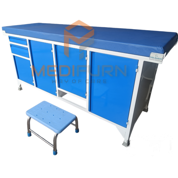 Overall Size :- 1830 mm L X 610 mm W x810 mm H4 Cabinet 1 DrawerSturdy Base frameOne Slider for BP ApparatusPre treated & Epoxy Powder Coated3” Thick mattressStepping StoolPair Of Lithotomatic Bars With Belt4 Cabinet 1 DrawerSturdy Base frameOne Slider for BP ApparatusPre treated & Epoxy Powder Coated3” Thick mattressStepping StoolBest full storage examination table manufacturer in PCMCNo 1 full storage examination table manufacturer in PCMC