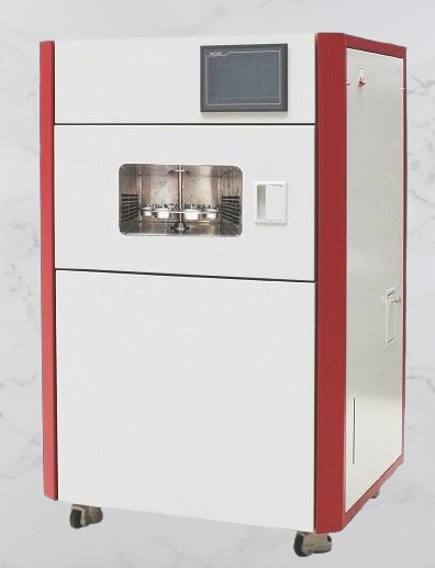 Application:Water Vapour Permeability Tester, to determine the resistance of textiles and textile composites (particularly action wear fabrics) to water vapour penetration. Water Vapour Transmission Rate Tester consists of 8 containers with water reservoirs, a standard permeable fabric cover, sample holder ring and precision drive system. Features: • Use PLC, programmable controller to control temperature, humidity and time, more excellent anti-jamming, high reliability of the data. • Apply the Controllable Silicon Step-less Adjusting Technology to adjust temperature and humidity continuously and precisely, and without over heated as the PID adjusting function. • Rectangle double-layer glass observation window prevents form coagulation of hydrosphere as there is a heater in it. • Workroom made by high quality stainless steel. Operation is easy and safe as we use the plane handle without reaction. • Humidified by ultrasonic, high accuracy. • Chamber’s temperature and humidity settable and digital displayed.• Test time settable and duly displayed on LED of the timer.Specifications:• Test Range : 0.1 ~ 10000 g.m2 x 24h• Wet Cup : 8 pcs• Rotation Speed : 1~15 rpm, adjustable• Air Velocity : 0.1 to 0.8m/s• Inner diameter of cup size : as per E96• Temperature range : 20 ~ 50℃• Temperature division : ±0.5℃• Humidity range : 40% ~ 95%RH• Humidity division : ±2%RHStandards ASTM E96, ISO8096, BS 3424, BS 7209 Power : AC220V, 50Hz, 1000W Weight : 110 Kg Dimensions : 750 × 720 × 1400mm (LxWxH)