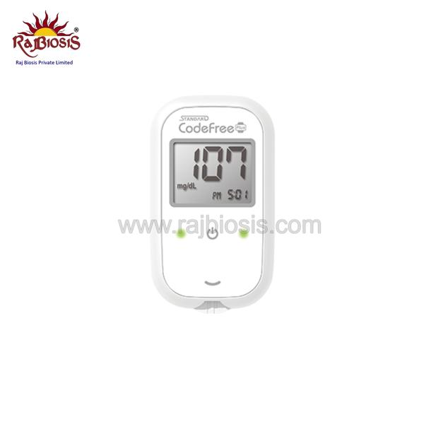 STANDARD CodeFree PlusSD Codefree plus is an easy and simple blood glucose monitor that intuitively tells the user if the blood glucose level is low, on target or high with LED light and beep sound.AdvantageIntuitive notification of result with LED light and beep soundNo codingSD CodeFree test strips can be shared with other devicesSpecificationEnzyme Glucose Oxidase biosensorMeasurement Range 10 - 600mg/dL (0.6 - 33.3 mmol/L)Test Time 5 secSample Volume 0.9 µlHematocrit 20 - 60%Unit mg/dLMemory Up to 100 testsBattery 3V battery (CR2032)Interpretation of resultsCat. No.	Product	Component	Note01GC50	STANDARD™ CodeFree® Plus Blood Glucose Monitoring System	Meter, Test Strip (10EA) / Lancet(10EA) / Lancing Device / Check Strip	01GS50	STANDARD™ CodeFree® Plus Blood Glucose Test Strip	STANDARD™ CodeFree® Plus Test Strip (25EA x 2 bottle)	