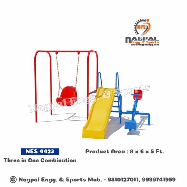 Three in One Combination Product Size: 8 x 6 x 5 FtProduct Code: NPS 4423One Toddler Swing, One Toddler Slide, One Toddler Seesaw