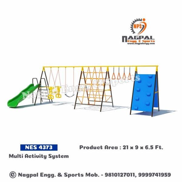 Multi Activity System Product Code 4373Product Size: 21 x 9 x 6.5 fta) Wave Slideb) Rock Climberc) Rock Climberd) Loop Range) Double Swing