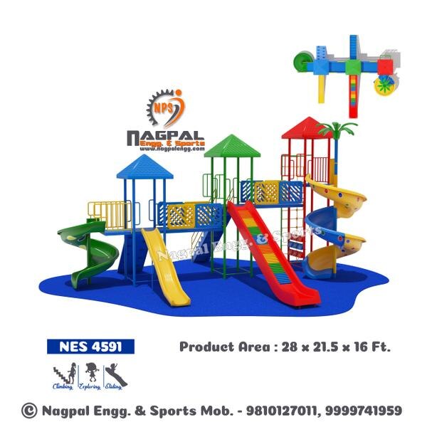 Multiplay System Product Code: 4591Product Size: 29x23x16ftConsists: Platform with Canopy - 02NosSpiral Slide 09Ft -01NosWave Slide07Ft - 01NosRoller Slide05Ft - 01NosSpiral Slide05ft - 01NosRope Climber - 01 NosRock Climber - 01 NosLadder - 01 NosPlain Bridge with Railing - 02 NosTic Tac Climber - 01 NosCapacity 20-25 Children's