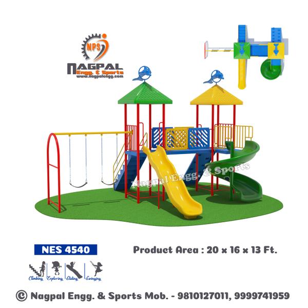 Multiplay system :: Product Size: 24 x 15 x 12 ft Product Code: NES 4540a) Platform with Canopy 02Nosb) Spiral Slide 01 Nosc) Dolly Slide 01 Nosd) Rock Climber 01 Nose) Double Swing 01 Nosf) Antiskid Bridge with Fancy Railing 01 Nosg) Antiskid Ladder with Metal Railing 02 Nos