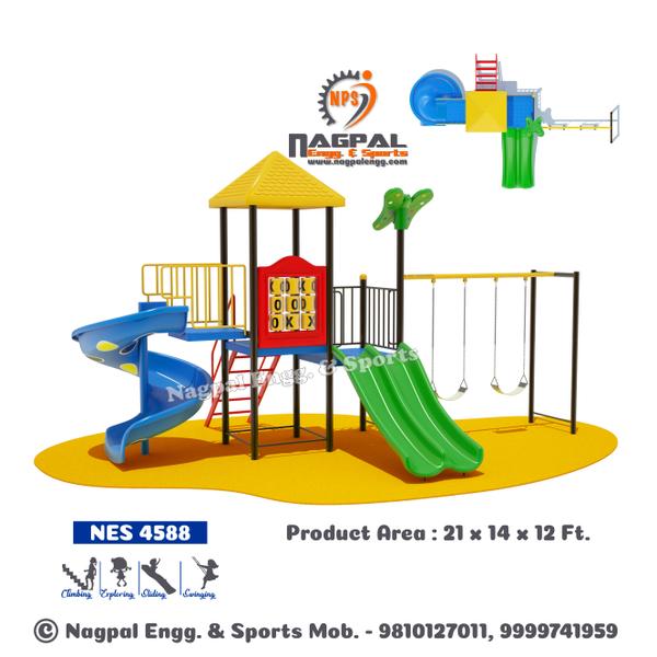 Product Size: 22 x 14 x 12 FeetConsists: One Platform with Fishscale Roof, One Plain Platform, One FRP Spiral Slide, One FRP Double Slide, One Double Swing, One FRP Ladder with MS Railing, One Tic Tac Climber, One Fancy Buterfly
