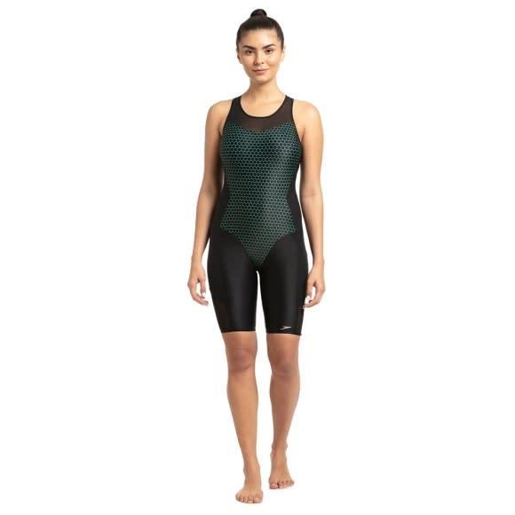Mesh Panel LegsuitFor a sportier look which still offers feminine charm, this sleek and stylish legsuit with mesh insert and gradient hexagonal print will make you look and feel amazing while the performance led silhouette means you get the most out of your swim without compromising style. The racerback style ensures easy shoulder movement while removable bra pads give support length after length. Chlorine resistant, and made from recycled yarns, our PowerFlex Eco fabric feels soft against the skin and holds its shape for longer - good for you and good for the environment.Features• Engineered for Comfort - designed for a responsive fit• Connect with water - Ventilated mesh panels enhance your swim experience• Removable Bra Pads• Eco fabric - made from recycled yarns providing a soft touch feel so it’s good for you and goodfor the environment• Shape retention - provides the perfect fit and holds its shape• Ultra chlorine resistance - LYCRA® XTRA LIFE™ lasts twice as long as standard swimwear fabrics• Sun protection - UPF 40+Fabric Description: Powerflex EcoFabric Composition: 80% Nylon 20% Elastane (CREORA® HighClo™)