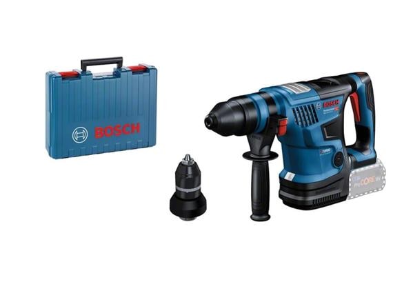 FAIR TRADE CORPORATION (FTC MUMBAI) Authorised Dealers for BOSCH GBH 18V-34 CF (Solo)PROFESSIONAL CORDLESS ROTARY HAMMER BITURBO WITH SDS PLUSOrder Number: 0 611 914 082PRODUCT HIGHLIGHTS:Perfect for demanding jobs in concrete – Bosch´s GBH 18V-34 CF Professional is the most powerful cordless SDS plus hammer, ideal for tough applications. This powerhouse´s BITURBO Brushless technology with ProCORE18V battery delivers an outstanding performance of 5.8 J, making it the most powerful cordless SDS plus hammer in its range.EQUIPMENT & APPLICATIONPerfect tool control is ensured by its soft start function for precise chiselling during use and three different working modes (Auto, Favorite, Soft) that provide the right setting for every job.FUNCTIONS & KEY FEATURES:-	The market´s most powerful cordless SDS plus hammer-	Paramount performance with 5.8 J – the most powerful cordless SDS plus hammer in its range for tough jobs in concrete-	Perfect control – soft start for precise chiselling and 3 different working modes to ensure the right setting for any job-	Smartest SDS plus hammer – real-time tool status via user interface, individual adjustments by Bluetooth via Bosch Toolbox app-	Enables permanent performance and functions as transportation lock-	Protection of the user and the machine in case of overload or binding. No abrupt blockage o the tool by unlatching clutch dogs and minimizing torque.INCLUDED IN THIS VARIANT:•	Depth stop (Spare part number 1 613 001 009)•	1 x Bluetooth Low Energy module GCY 42 Professional (Order number: 1 600 A01 L2W)•	Quick-change chuck 1.5 - 13 mm (Order number: 2 608 000 710)•	SDS plus quick-change chuck (Order number: 2 608 000 704)•	Carrying case (Spare part number 1 605 438 1G2)•	Grease tube (Spare part number 1 615 430 010)•	Auxiliary handle (Order number: 2 608 000 703)•	Machine cloth (Spare part number: 1 619 200 413)TECHNICAL DATAADDITIONAL DATA:-	Battery voltage: 18.0 V-	Impact energy (according to EPTA 05/2016): 5.8 J-	Impact rate at rated speed: 0 – 2,900 bpm-	Rated speed: 0 – 500 rpm-	Weight excl. battery: 4.9 kg-	Tool holder: SDS plusDRILLING RANGE-	Drilling dia. in concrete with hammer drill bits: 8 – 32 mm-	Opt. app. range in concrete with hammer drill bits: 12 – 30 mm-	Max. Drilling diameter in metal: 13 mm-	Max. Drilling diameter in wood: 40 mmTOTAL VIBRATION VALUES (HAMMER DRILLING IN CONCRETE)-	Vibration emission value ah: 10.9 m/s²-	Uncertainty K: 1.5 m/s²TOTAL VIBRATION VALUES (CHISELLING IN CONCRETE) -	Vibration emission value ah: 11.7 m/s²-	Uncertainty K: 1.5 m/s²NOISE/VIBRATION INFORMATION-	Sound pressure level: 92 dB(A)-	Sound power level: 103 dB(A)-	Uncertainty K: 3 dBHAMMER DRILLING IN CONCRETE-	Vibration emission value ah: 10.9 m/s²-	Uncertainty K: 1.5 m/s²CHISELLING IN CONCRETE-	Vibration emission value ah: 11.7 m/s²-	Uncertainty K: 1.5 m/s²The A-rated noise level of the power tool is typically as follows: Sound pressure level 92 dB(A); Sound power level 103 dB(A). Uncertainty K= 3 dB.Product specifications are subject to changes as made by the brand.*Kindly contact / submit query for latest price.*For more details: Contact on - Tel : 022-66371886 / Email : sale@fairtradecorp.in