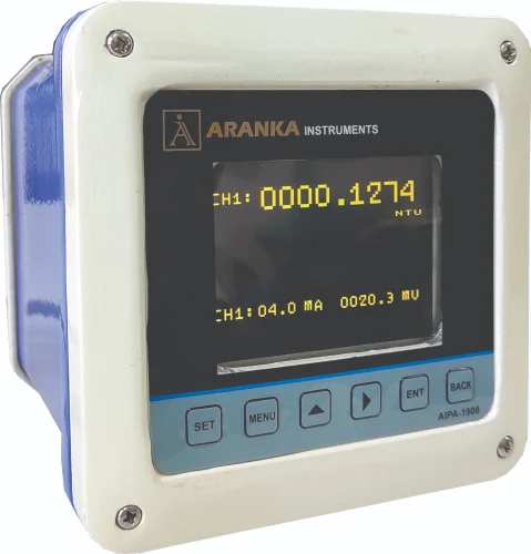 Usage/Application Industrial UseBrand ARANKA INSTRUMENTS LLPModel Name/Number AIPA 1908High Resolution 0.001RANGE 0~400 NTU, 0~4000 NTURELAY OUTPUT 2 NUMBERS 3 A REPLAY OUTPUTOUTPUT 4~20mA ISOLATEDPOWER 90~260 VACCountry of Origin Made in IndiaThe ARANKA INSTRUMENTS LLP AIPA 1908 Turbidimeter is Designed for the determination of turbidity in water. high stability, Low stray light and a display resolution of 0.001 NTU make the turbidimeter ideal for monitoring the turbidity of filtered drinking water. You can also use the turbidimeter in applications for drinking water treatment, monitoring wastewater discharges, condensate returns, and clarifiers. Standared 90° Scattring Light Measurment Technique Which Provides Reliable Measurment Result.ISO 7027 sensors use a near infrared light-emitting diode (LED).4-20 mA analog outputsA calibration cup is available as an option.