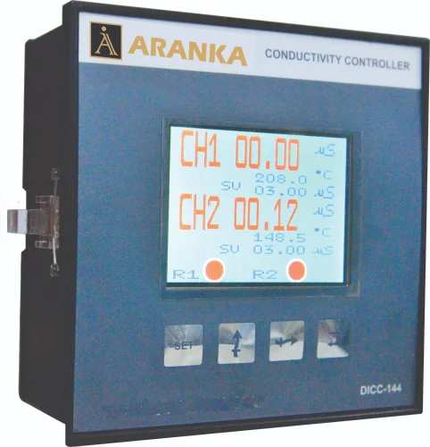 Pole Type	Single PoleThrow Type	Single ThrowCurrent	5 APower	220~240VAC , 50HZInput Channel	2 NOS.Cell Constant	1kBody Material	ABSOuter Dimensions	96x96x110mmCut Out Dimensions	92x92mmConductivity Range	0~10uSConductivity Resolution	0~0.01uSConductivity Accuracy	+ 0.1uSConductivity Digital Output	5A, 1CO, RelayDual Channel Conductivity Controller is used For Special Application of WFI System to Control WFI Plant Water output. Dual Channel Conductivity Controller is use for dual measurement analyzer to Monitor Dual Data at single screen. it also gives individual Relay output & analog 4~20mA output for PLC DATA.Details:Industrial process conductivity controllers are panel instruments for in-process monitoring of conductivity. It is a Dual Channel meter for online measurement of specific Conductivity of solution using a Conductivity cell for WFI or DM plant applications. It enables to measure the Conductivity with high Temperature Compensation up to 180 C.Features:3.5” Color TFT LCD displayLarge digitsDigital output status on LCD90% Humidity environment operation capacity55 C Temperature environment operation capacityOn screen calibrationHigh temperature auto compensation up to 150CTemperature display on screenApplications:Process waterDrinking and well waterPure, ultra-pure, and pharmaceutical water (e.g. according to USP, Ph. Eur., WFI)Cleaning processes in pharmaceutical applications