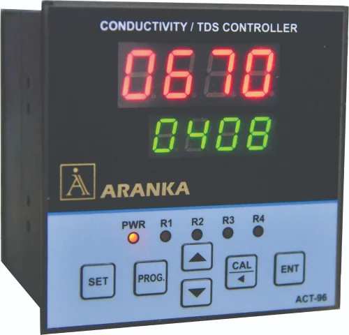 Model	ACT-96Input Sensor	CONDUCTIVITY CELLModel Name/Number	ACT-96Usage/Application	IndustrialPower Consumption	0.38mATemperature Range	AS PER REQUIREPower	90~260 VAC@50HzPhase	SINGLE PHASEType	AutomaticCurrent	5 ABrand	ARANKA INSTRUMENTS LLPPole Type	Single PoleThrow Type	Single ThrowControl Type	DOSING CONTROLConductivity Digital Output	RELAYCertifications	CEApplication	CONDUCTIVITYSize	96X96X85mmCountry of Origin	Made in Indiahis new microprocessor-based family of Online Conductivity panel mounted controller isdesigned for a wide variety of environmental monitoring applications. The units featuresautomatic or manual temperature compensation of Conductivity, two 5 amp mechanical relays andcontorting output. For ease of operation all calibration and parameter set points are selectable through the front keypad.Additional Information:Item Code: ACT-96Delivery Time: 3-4 weeks