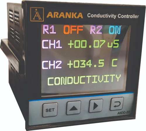 Usage/Application	IndustrialBrand	ARANKA INSTRUMENTSCurrent	5 APole Type	Single PoleThrow Type	Single ThrowCertifications	CECountry of Origin	Made in IndiaPower	220~240VAC , 50HZCell Constant	0.01K/0.1K/1K/10KDisplay	3.5inch Color LCDBody Material	ABSOuter Dimensions	96x96x110mmCut Out Dimensions	92x92mmConductivity Range	0~10uS/200uS/2000uS/200mSConductivity Resolution	0~0.01uS/0.1uS/1uSConductivity Accuracy	+ 0.1uSConductivity Digital Output	5A, 1CO, RELAYIndustrial process conductivity controllers is panel instruments for in-process monitoring of conductivity. It is a Single Channel meter for online measurement of specific Conductivity of solution using a Conductivity cell for Raw Water, ETP Plant, WFI or DM plant applications. It enables to measure the Conductivity with high Temperature Compensation up to 180 C. It Generates Re transmits 4~20mA Output to Get Data on PLC.Features3.5” Color TFT LCD DisplayLarge DigitsDigital output status on LCD90% Humidity Environment Operation Capacity55 C Temperature Environment Operation CapacityOn Screen CalibrationHigh Temperature Auto Compensation up to 150CTemperature Display On ScreenAdditional Information:Item Code: AICC35