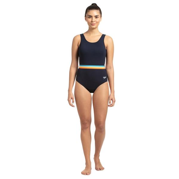 Belted U-BackRaise the style stakes with Speedo. With its chic ombre printed elastic belt and two colours, this stunning Belted Deep U-back swimsuit brings a touch of glamour to the pool and beach. The scoop neck, U back and low cut leg provide an on-trend fit, while our textured ECO Waffle stretch fabric lends a high fashion finish. Lined at the front and back for your comfort and modesty. Better for the environment, it’s made from 100% recycled pre-consumer waste, such as recycled fabric waste from factories.Features• Scoop neck with deep U-back and high cut leg - for an on-trend fit• Ombre Printed Elastic Belt Detail• Removable Bra Pads• Quick dry - dries faster after your swim• Sun Protection - UPF 40+Fabric Description: Ribbed Stretch NylonFabric Composition: 92% Polyamide 8% Elastane