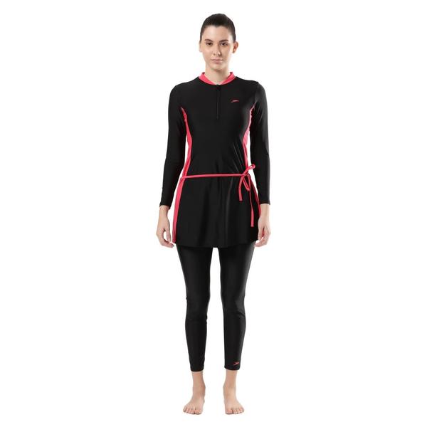 Full Body SuitThis full body suit offers full body coverage and complete sun protection. The leggings paired with the stylish flared top provide both a perfect balance of modesty and style. Ideal for visits to the pool or holidays. The contrasting colours are elegantly matched to create a simple yet stylish combination. yet stylish combination. Featuring Endurance®10 fabric which is chlorine resistant and designed to last for longer.Features• Contrast wrap around draw chord for comfort, secure fit and style• Button lock attachment on ankle length leggings to provide a secure fit• Full body suit style for swimmers seeking maximum coverage and sun protection• Removable bra pad• Higher chlorine resistance than standard swimwear fabrics - fits like new for longer with CREORA® HighClo™• Sun protection - UPF 40+• Shape retention - fabric stretches so you can enjoy swim without feeling restrictedFabric Description: Endurance®10Fabric Composition: 80% Nylon 20% Elastane (CREORA® HighClo™)
